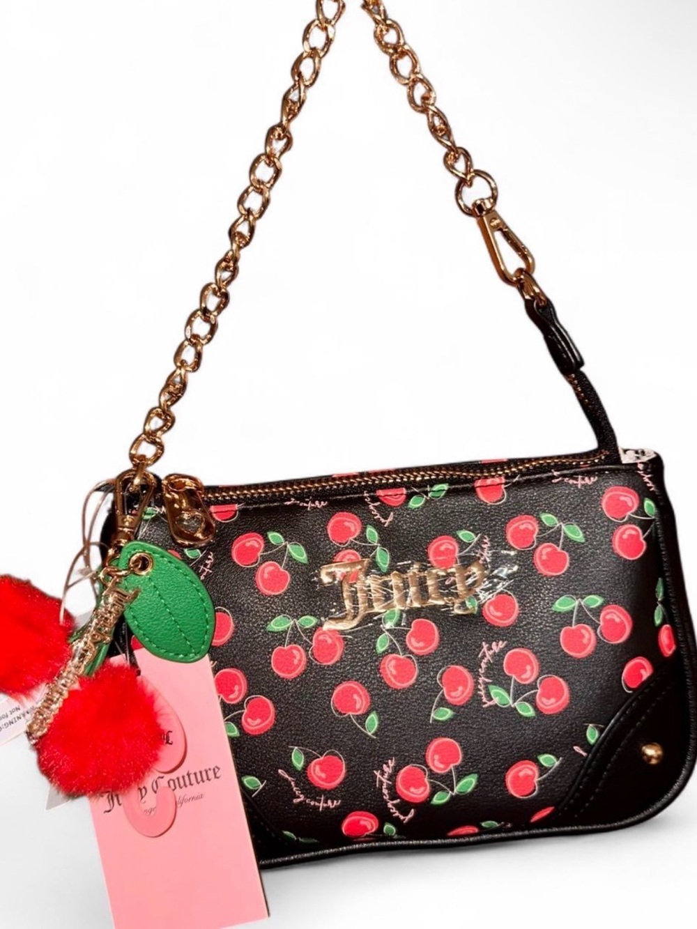 Juicy Couture Black Cherry Print Mini Wristlet with Gold Chain